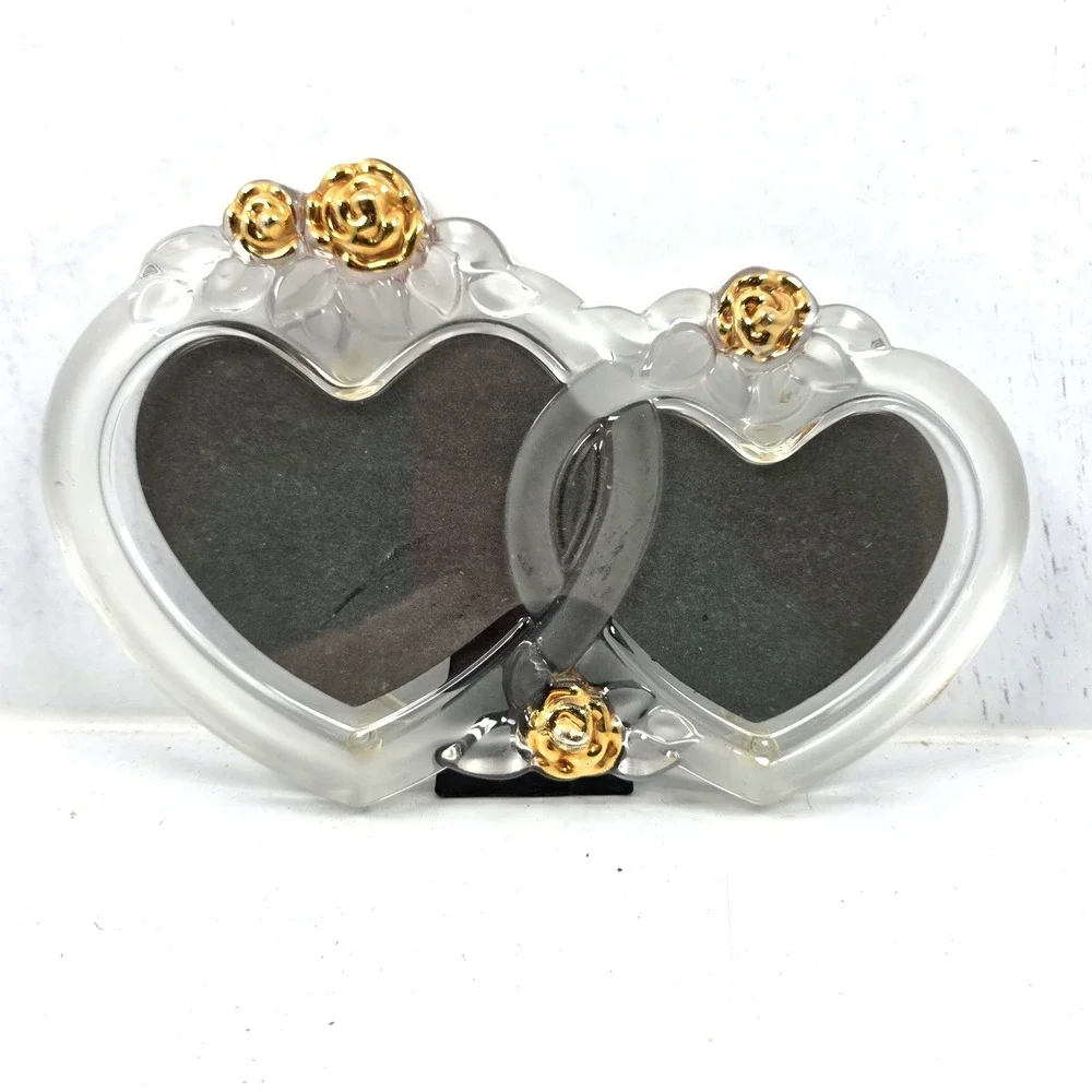 Vtg Mikasa Rosemont Double Heart Picture Frame Glass Crystal Gold Roses 7